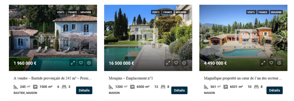 Prix de vente des propriétés de luxe à Mougins, entre villas contemporaines et bastides provençales. Un marché en pleine croissance sur la Côte d'Azur.