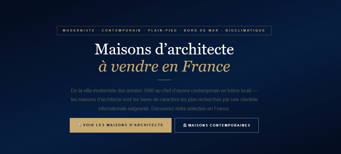 Modern, contemporary, and single-story architect-designed houses for sale in France — French Riviera, Brittany, Alps. The finest properties on PDC.