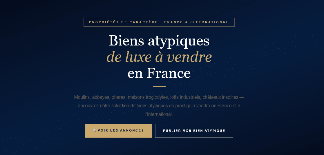 Mills, abbeys, lighthouses, lofts, cave houses — discover our prestigious and unusual properties for sale in France and publish your property on Propriétés De Charme.