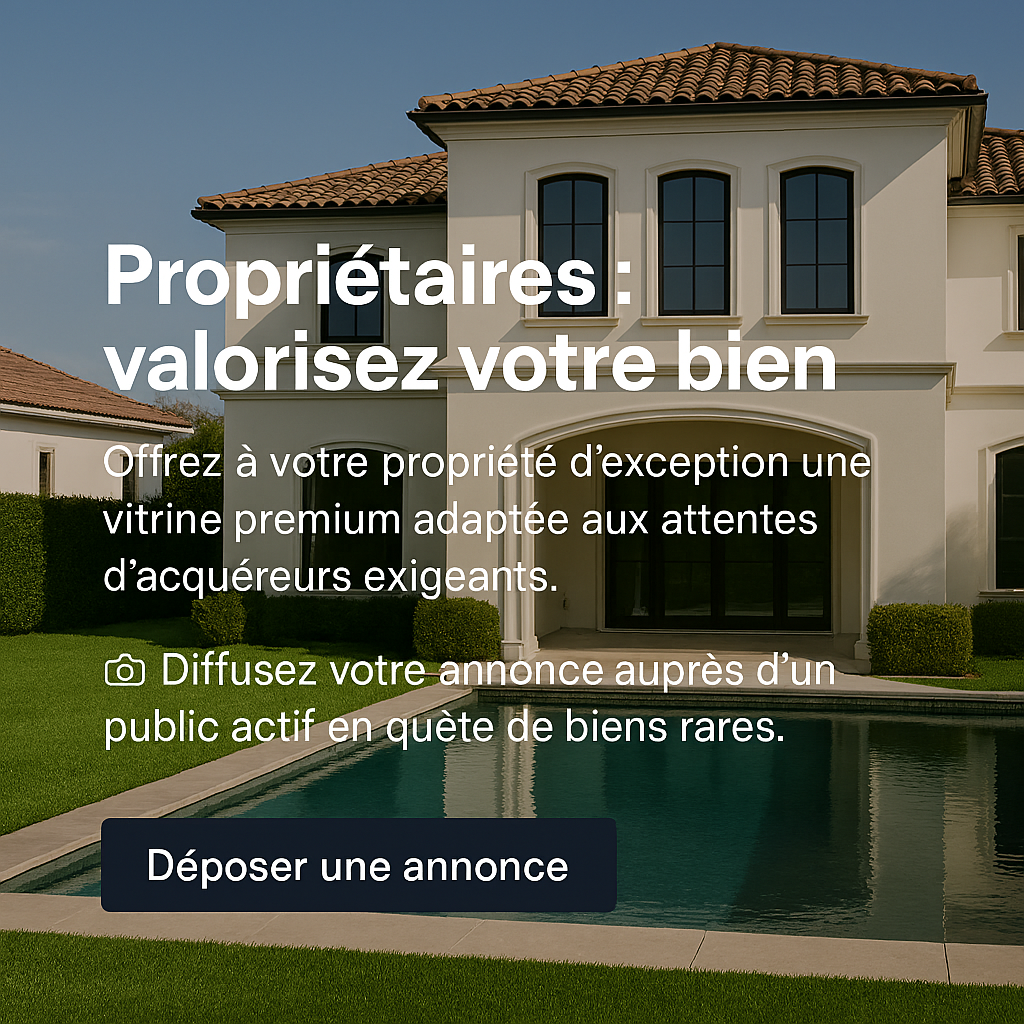 Gagnez en visibilité auprès d’une audience ciblée et passionnée par l’immobilier de prestige. 📈 Valorisez votre portefeuille haut de gamme et attirez des acheteurs qualifiés. 👉 Publier vos annonces
