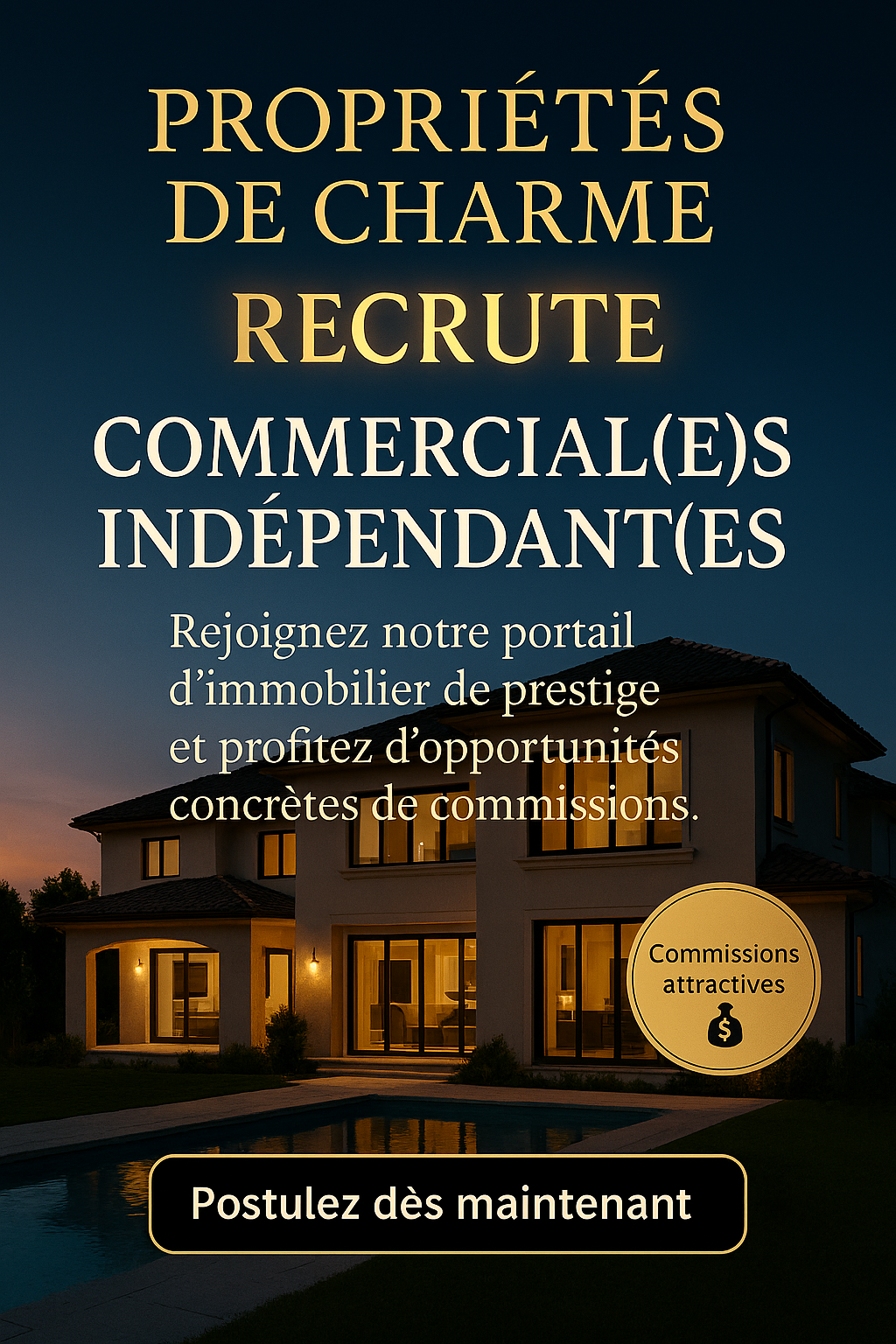 🎯 Propriétés De Charme recrute des Commercial(e)s Indépendant(e)s ! 🚀 Donnez un nouvel élan à votre activité dans l’immobilier de prestige 🚀