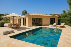 New villa with swimming pool and sea view in Les Issambres. Contemporary architecture, landscaped garden, high-end amenities. 3 minutes from the center.