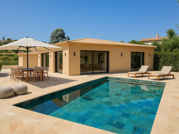 Villa neuve avec piscine et vue mer aux Issambres. Architecture contemporaine, jardin paysagé, prestations haut de gamme. À 3 min du centre.