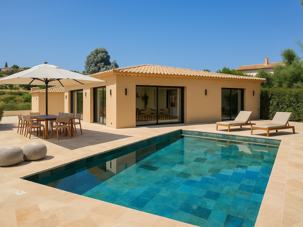 New villa with swimming pool and sea view in Les Issambres. Contemporary architecture, landscaped garden, high-end amenities. 3 minutes from the center.