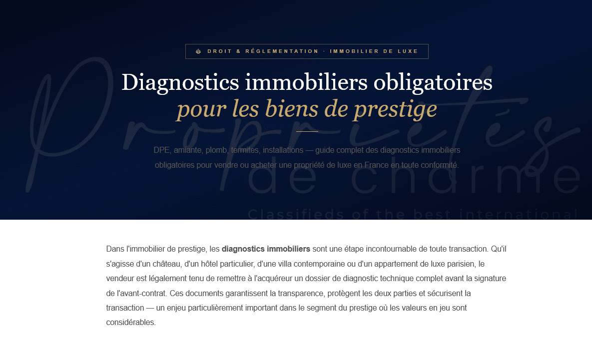 What diagnostics are required to sell a luxury property? Energy Performance Certificate (EPC), asbestos, lead, termites — practical guide, legal obligations and impact on the sale price.