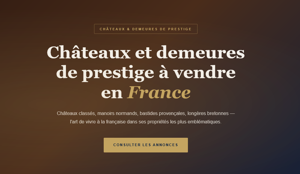 Châteaux, manoirs, bastides et longères d'exception — guide complet du marché des demeures de prestige dans les grandes régions patrimoniales de France.