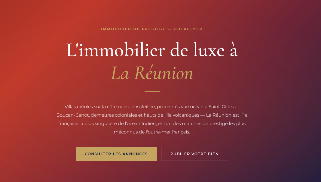 Villas créoles sur la côte ouest, propriétés vue mer à Saint-Gilles, Boucan-Canot et Saint-Leu — guide du marché immobilier de prestige à La Réunion.