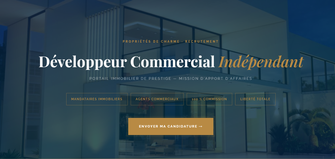 Vous êtes mandataire ou agent commercial dans l'immobilier ? Complétez vos revenus en devenant apporteur d'affaires pour Propriétés De Charme, portail immobilier de luxe. Mission 100 % à la commission, liberté totale, leads entrants fournis.