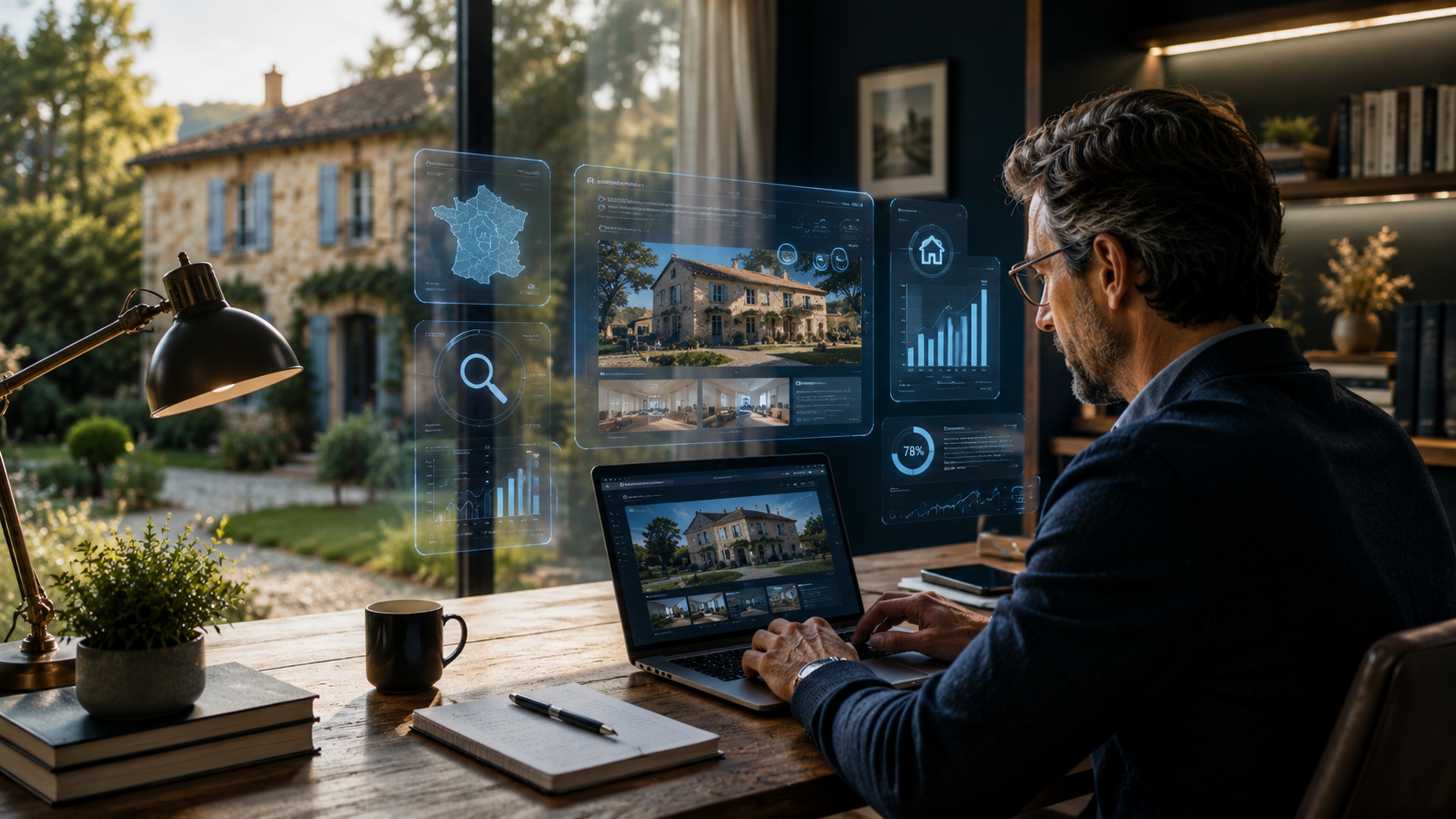 Propriétaire rédigeant son annonce immobilière entre particuliers avec intelligence artificielle — VendreSaDemeure.fr