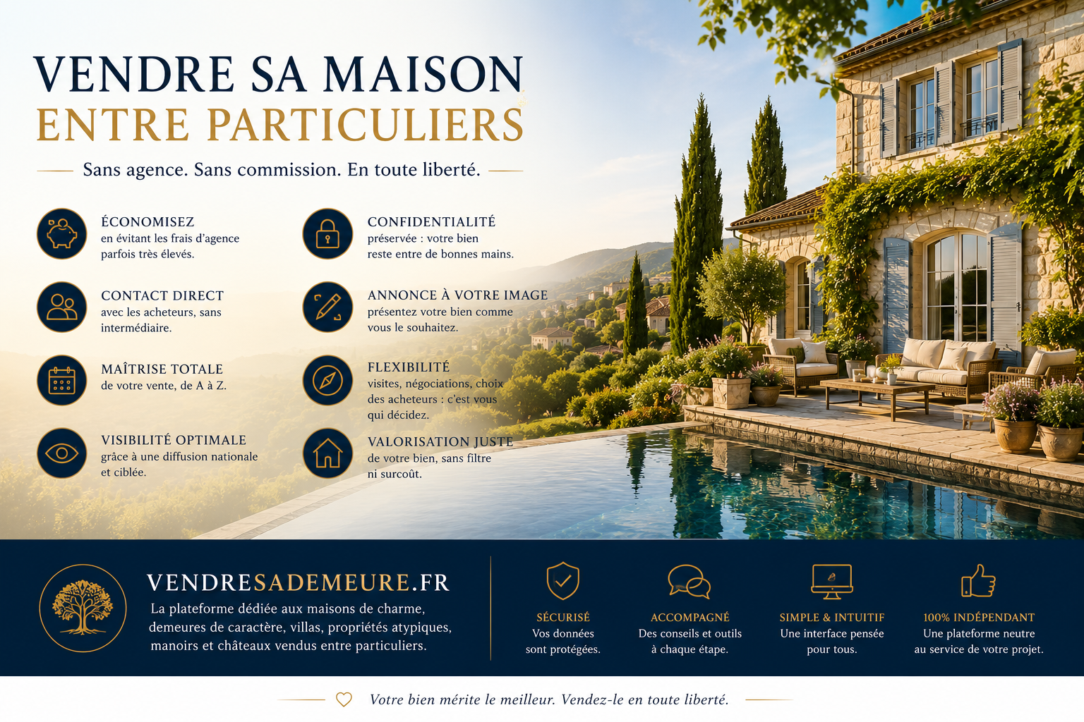 Vendre sa maison entre particuliers sans agence ni commission — les clés d'une vente réussie sur VendreSaDemeure.fr
