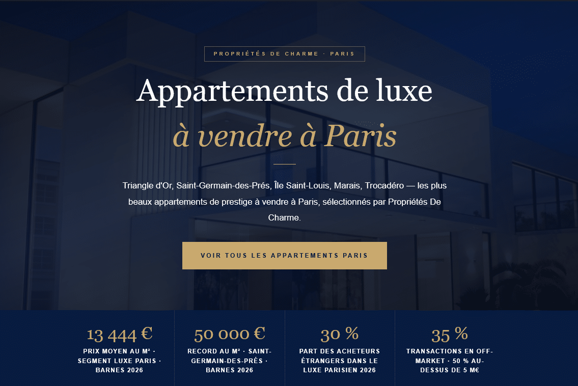 Luxury apartments for sale in Paris — Golden Triangle, Saint-Germain, Île Saint-Louis, Marais. The most prestigious addresses on Charming Properties.