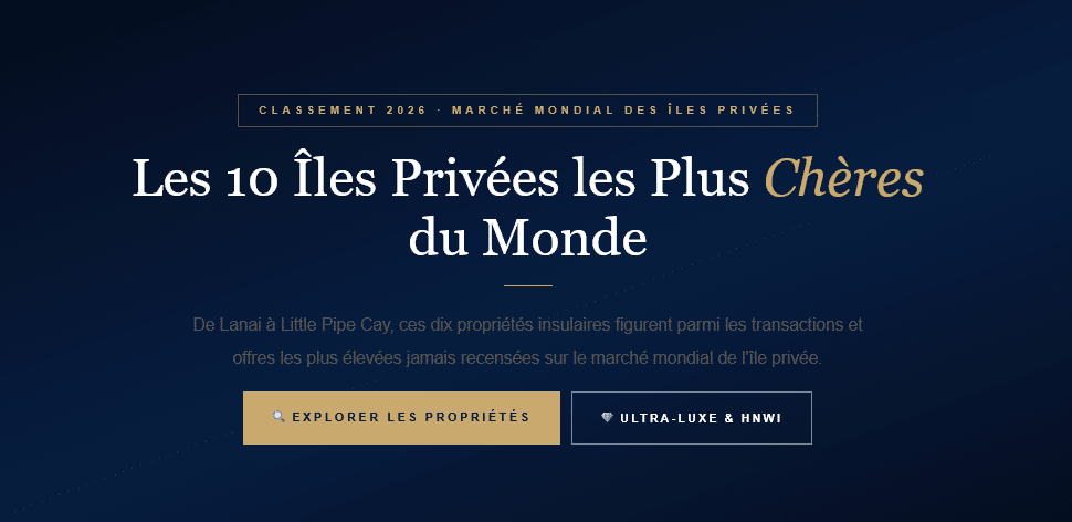 Titre sur les îles privées les plus chères du monde en 2026.