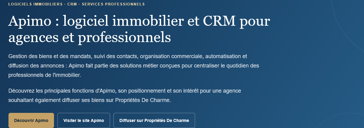 Screenshot of the Apimo website showcasing real estate and CRM software for agencies.