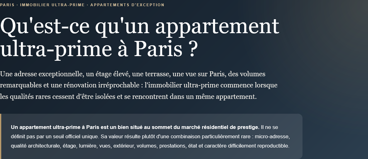 Explanatory text on ultra-prime apartments in Paris, mentioning their distinctive criteria.