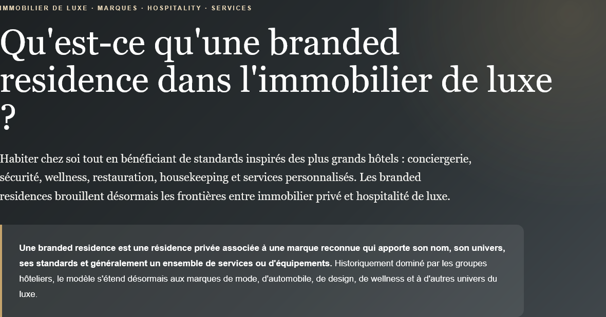 Explanatory text on branded residences in luxury real estate.