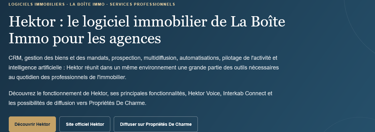 Presentation page for the Hektor software from La Boîte Immo for real estate agencies.