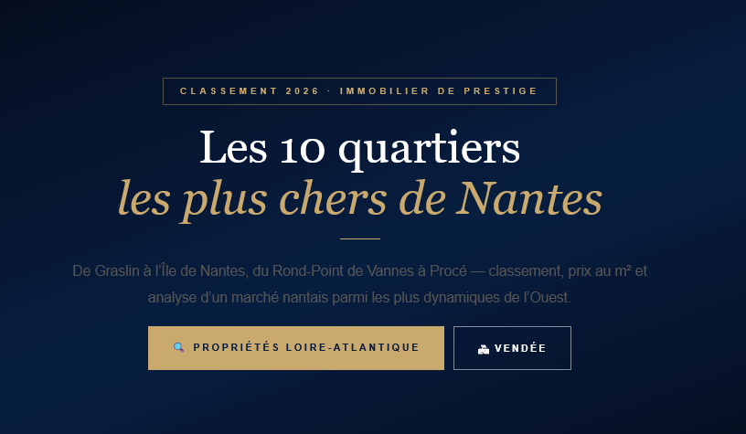2026 ranking of the 10 most expensive neighborhoods in Nantes. Price per square meter, dynamic market, Nantes Island — luxury real estate in Loire-Atlantique.