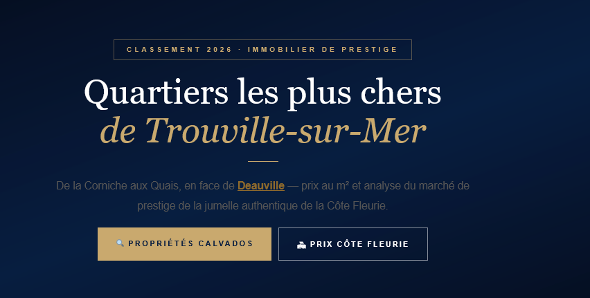 2026 ranking of the most expensive neighborhoods in Trouville-sur-Mer. Price per square meter, prestigious Norman market facing Deauville.