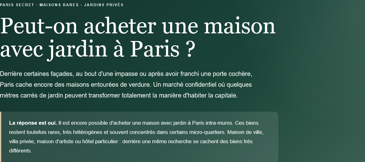 Article sur l'achat de maisons avec jardin à Paris, présentant des quartiers et des prix.