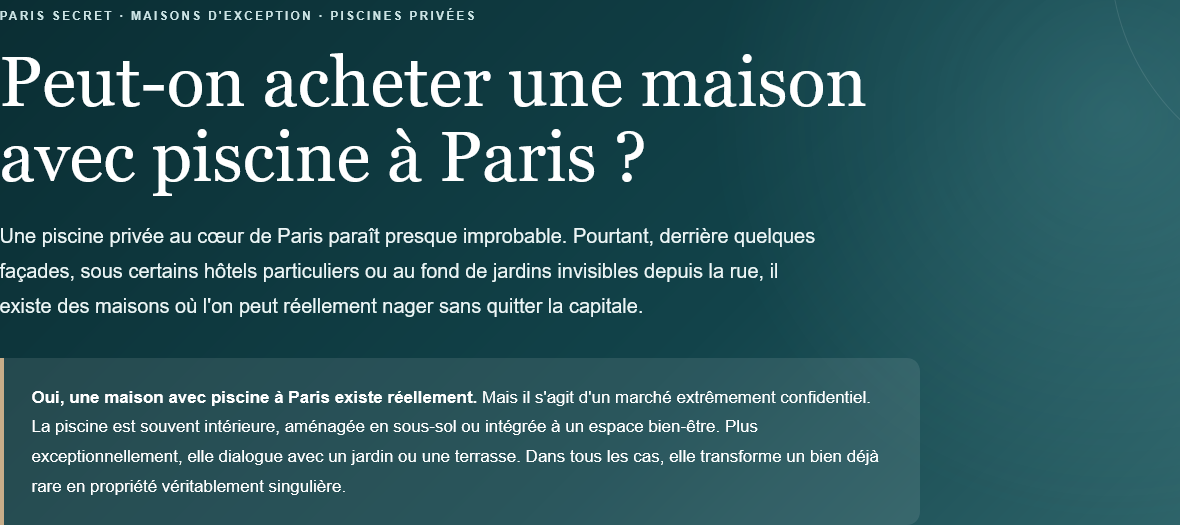 Maison avec piscine à Paris : découvrez où se cachent ces biens rarissimes, leurs prix, quartiers et les formes que prend ce luxe dans la capitale.