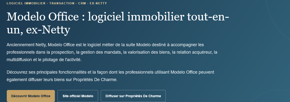 Discover Modelo Office, formerly Netty: real estate software to manage properties, mandates, activity, communication and professional tools.