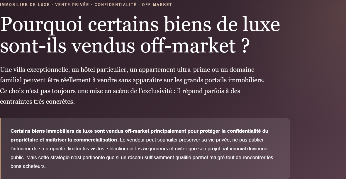 Article on the off-market sale of luxury goods, addressing confidentiality and strategy.