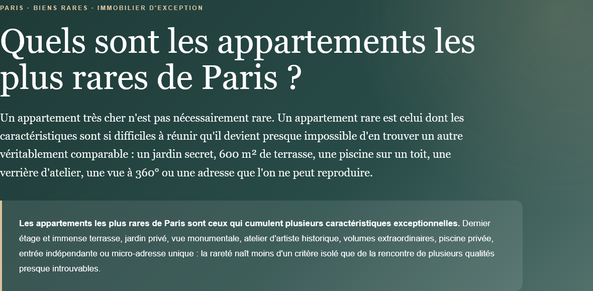 Text about rare apartments in Paris, mentioning gardens, terraces and secret addresses.
