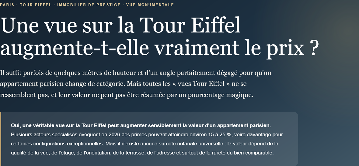 Does a view of the Eiffel Tower increase the price of an apartment? Discover the impact of the floor, the terrace, the orientation and the quality of the view.