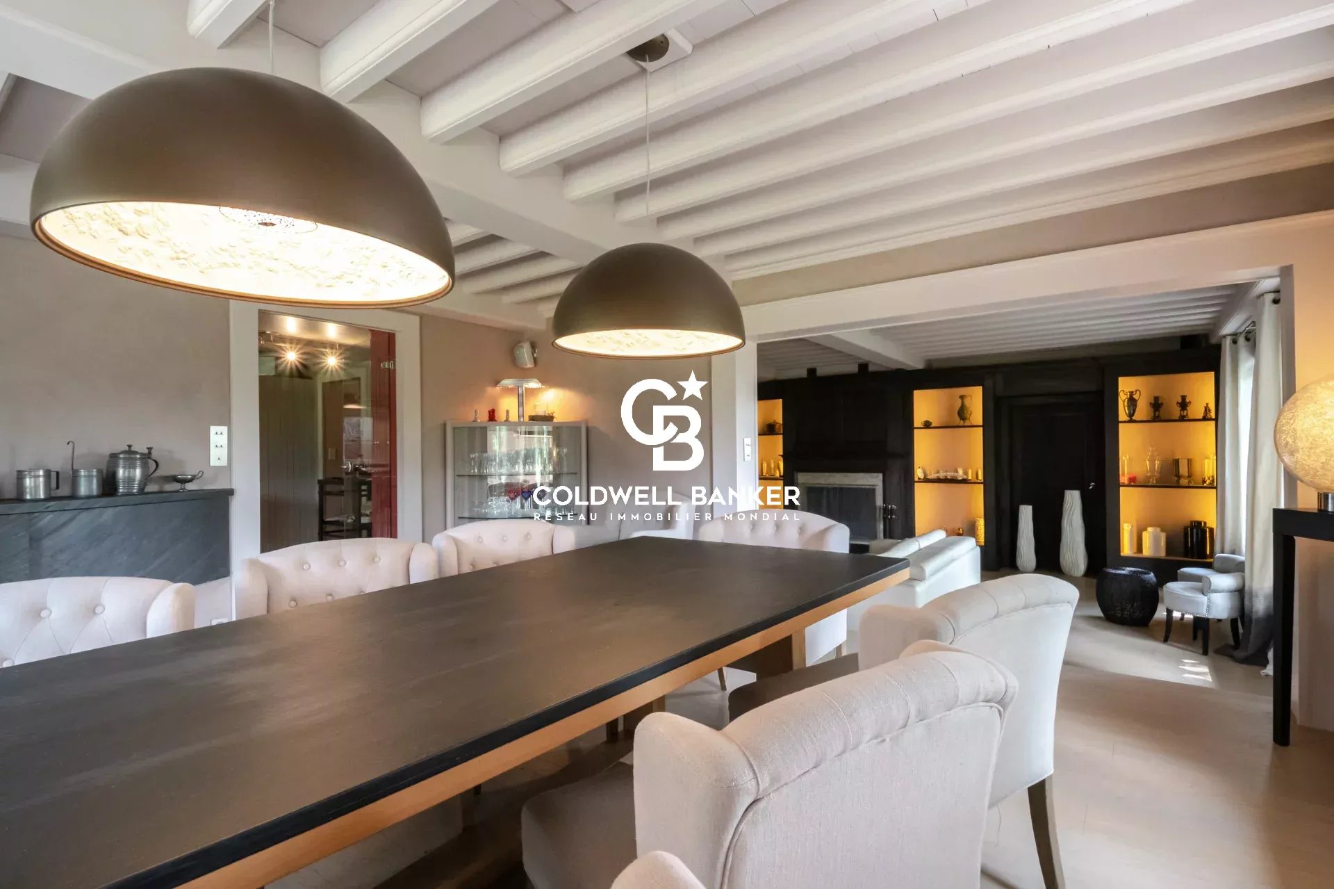 Intérieur d’une ferme rénovée à Arbusigny Intérieur d'une ferme rénovée avec une grande table à manger et des luminaires modernes.