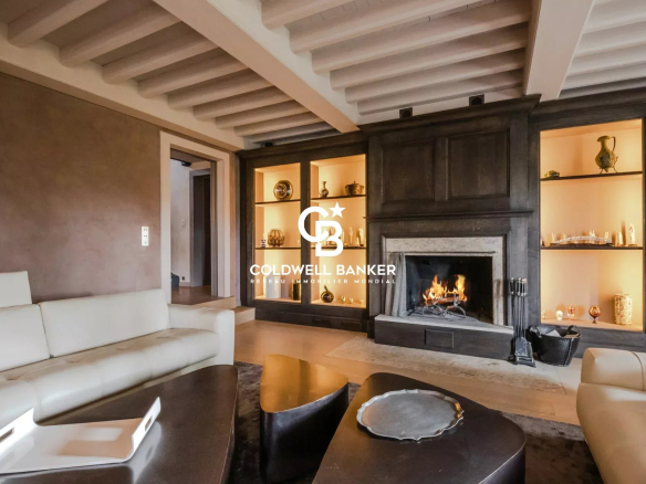 Intérieur d'une ferme rénovée avec cheminée et mobilier moderne.