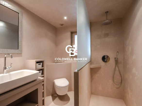 Salle de bain moderne avec douche et lavabo dans une ferme rénovée.