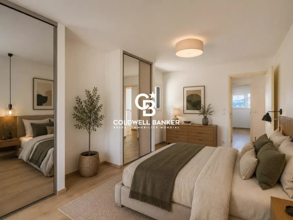Modern bedroom with double bed, minimalist decor and mirror, house for sale.