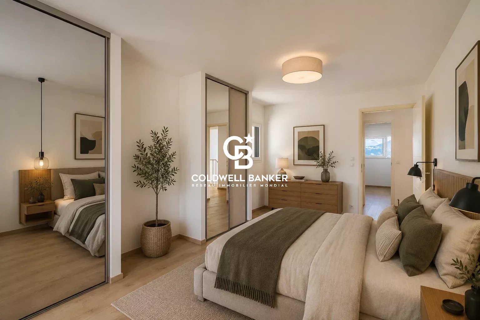 Modern bedroom Modern bedroom with double bed, minimalist decor and mirror, house for sale.
