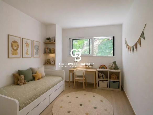 Bright children's room with a bed, a desk and wall decorations.