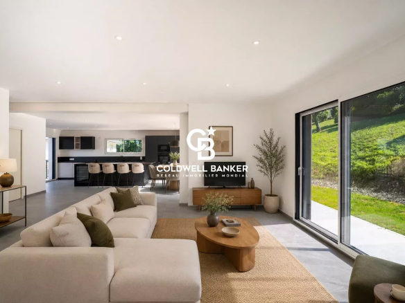 Interior of a new house for sale, bright living room with sofa and access to the outside.