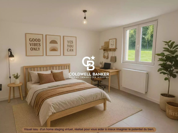 Chambre d'une maison à vendre à Prévessin-Moëns, décorée avec un lit et des affiches murales.
