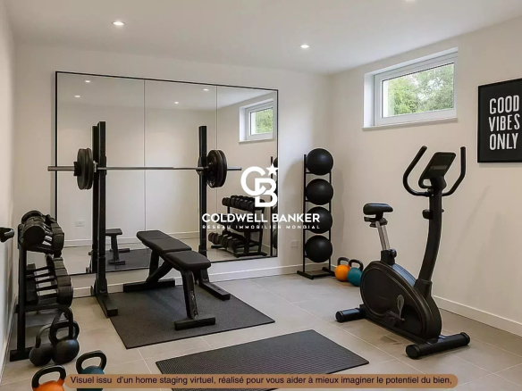 Salle de sport avec équipements de fitness, miroir et fenêtres, dans une maison à Prévessin-Moëns.
