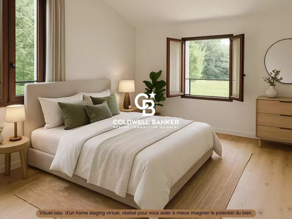 Chambre lumineuse avec lit double, fenêtres ouvertes sur jardin, décoration moderne et épurée.