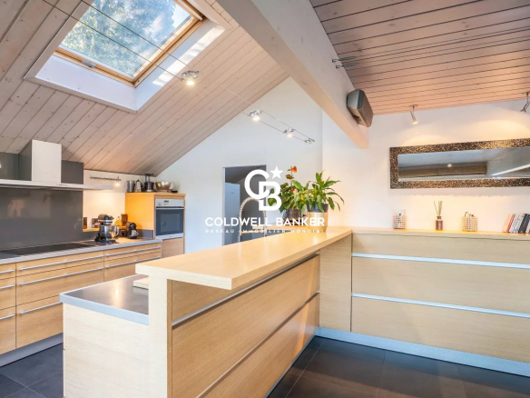 Cuisine moderne avec îlot central et éclairage naturel à Vétraz-Monthoux.