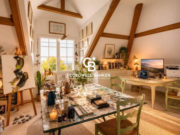Intérieur d'une maison avec un bureau lumineux, des œuvres d'art et des meubles en bois.