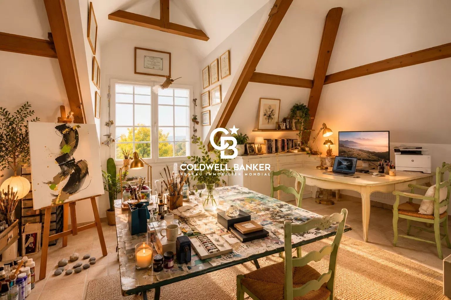 Intérieur d'une maison avec un bureau lumineux, des œuvres d'art et des meubles en bois.