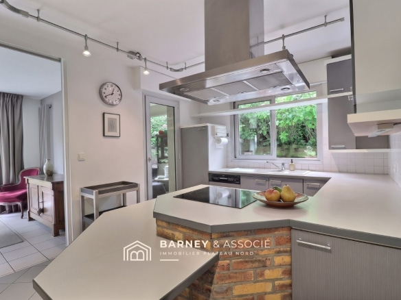 Cuisine moderne avec plan de travail et vue sur le jardin.
