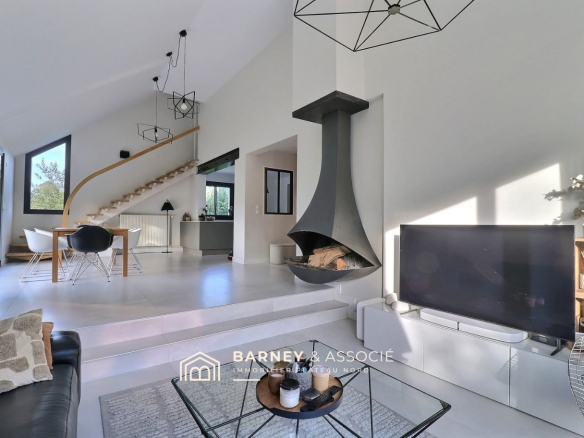 Intérieur d'une maison rénovée avec salon lumineux et cheminée moderne.