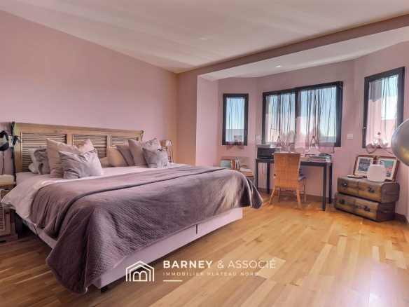 Spacious room with a double bed and desk, pink walls and curtained windows