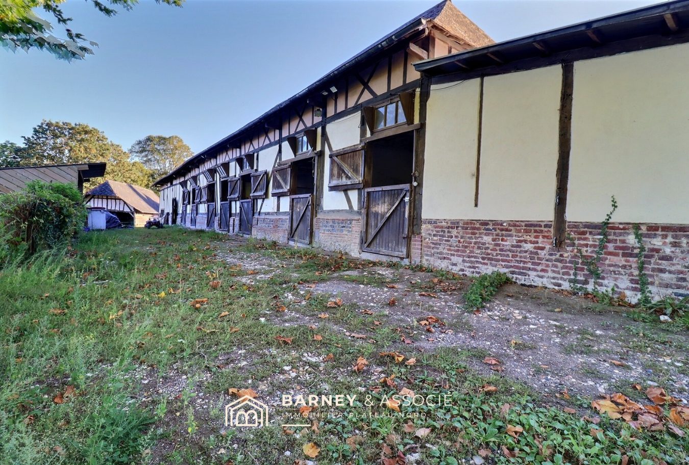 Écuries d'une propriété équestre à Esclavelles, avec plusieurs boxes et un environnement verdoyant.