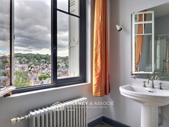 Vue intérieure d'une salle de bain avec lavabo et fenêtre donnant sur le quartier de Mont-Saint-Aignan.