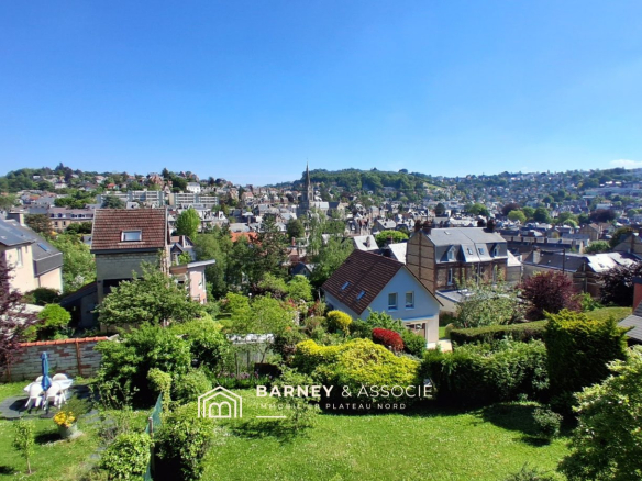 Vue panoramique sur Mont-Saint-Aignan avec maisons et jardins.