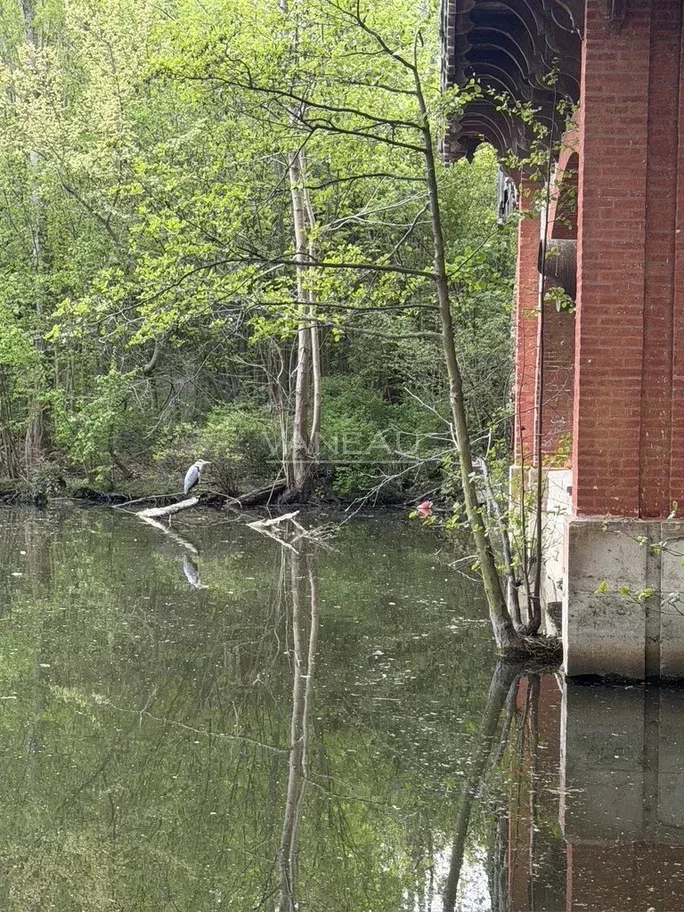 82af03a91e821bf60da3449670d31c4e_cc41e641d8_1024-original Heron standing on a log in a calm river beside a brick bridge, with green trees reflected in the water.
