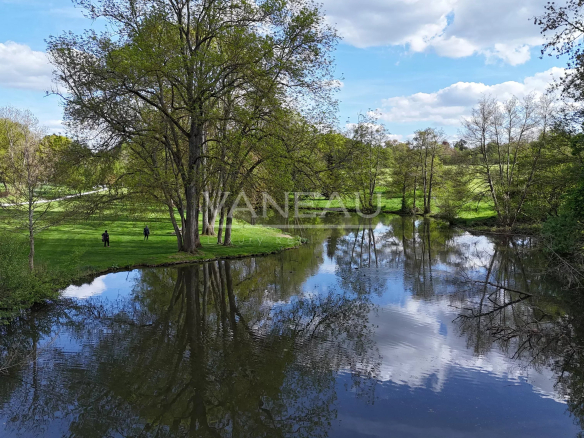 Scenic park by a calm river with tall trees and reflections on the water; a few people walk on the grassy bank under a blue sky.