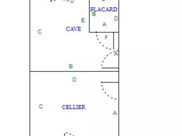 Floor plan showing rooms labeled CAVE, CELLIER, and PLACARD with doors and dashed path lines.